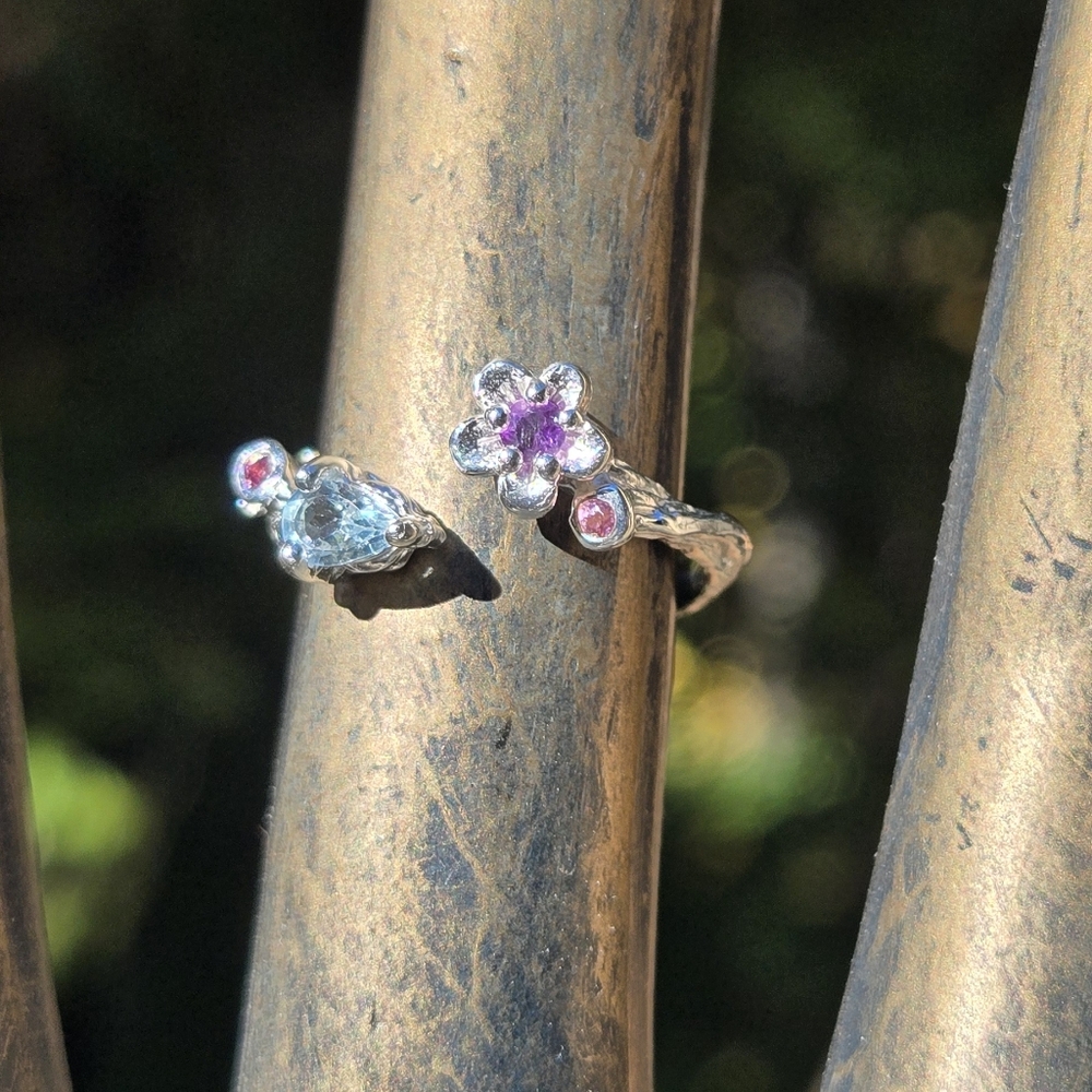 Topaz Amethyst & Rhodalite Sterling & White Gold Floral Ring Sz7 Adjustable - Picture 7 of 9